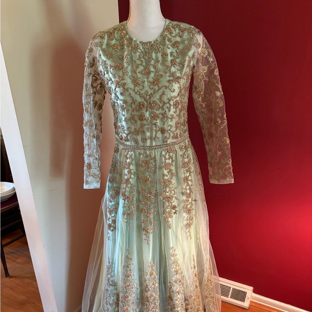 Indian Embroidered Net Abaya Style Suit in Pastel Green